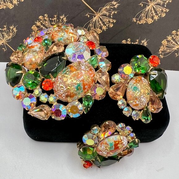 Juliana Jewelry - Juliana Coral Gold Splattered Brooch and CLIP Earrings